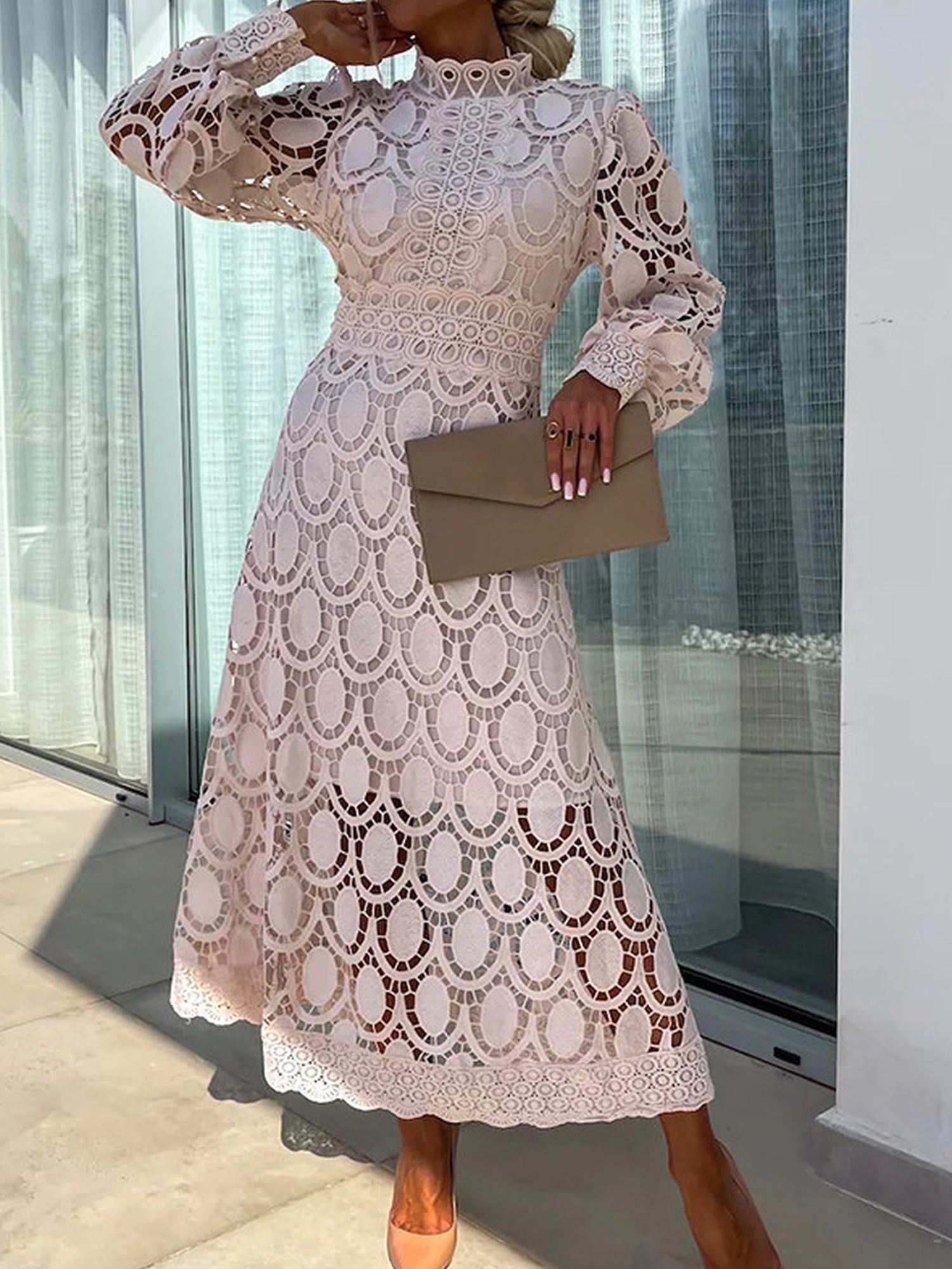 Elegant Boho Eyelet Mock Neck Long Sleeves Evening Maxi Dress