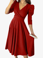 Solid Color V-Neck Puff Sleeve A-Line Midi Dress