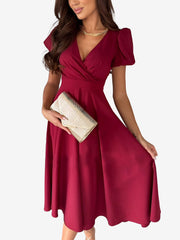 Versatile Crewneck Solid Color V Neck Puff Short Sleeve Midi Dress with Elastic Waist
