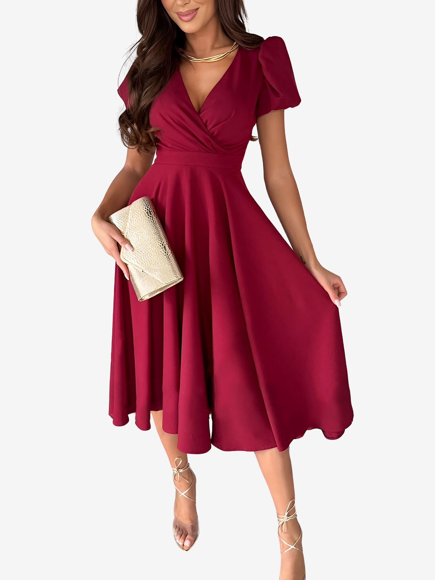Versatile Crewneck Solid Color V Neck Puff Short Sleeve Midi Dress with Elastic Waist