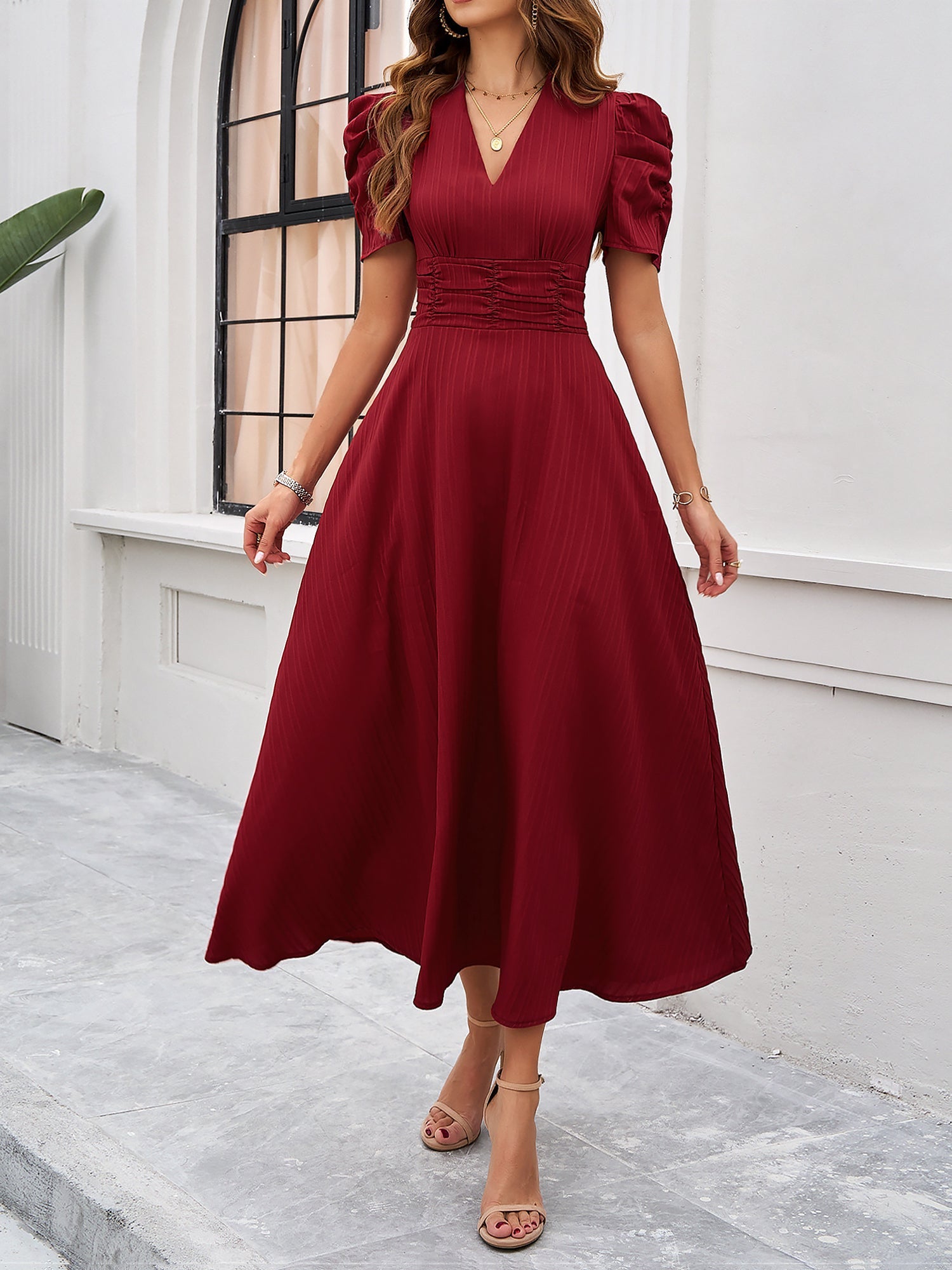 Textured Puff Short Sleeve Ruched Midi A-Line Dress Raised Fabric Cinched Waist and Casual-Chic Design