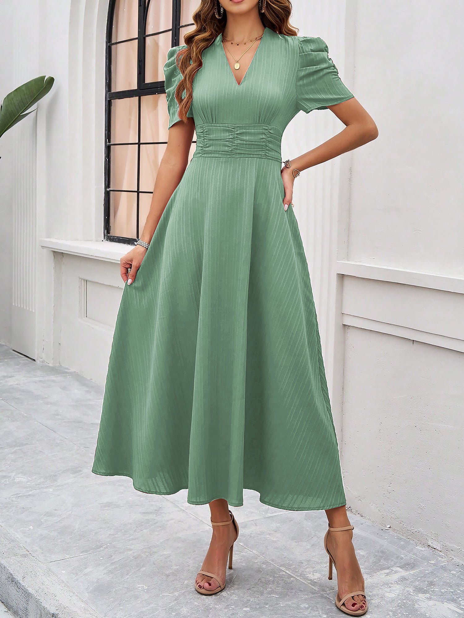 Textured Puff Short Sleeve Ruched Midi A-Line Dress Raised Fabric Cinched Waist and Casual-Chic Design