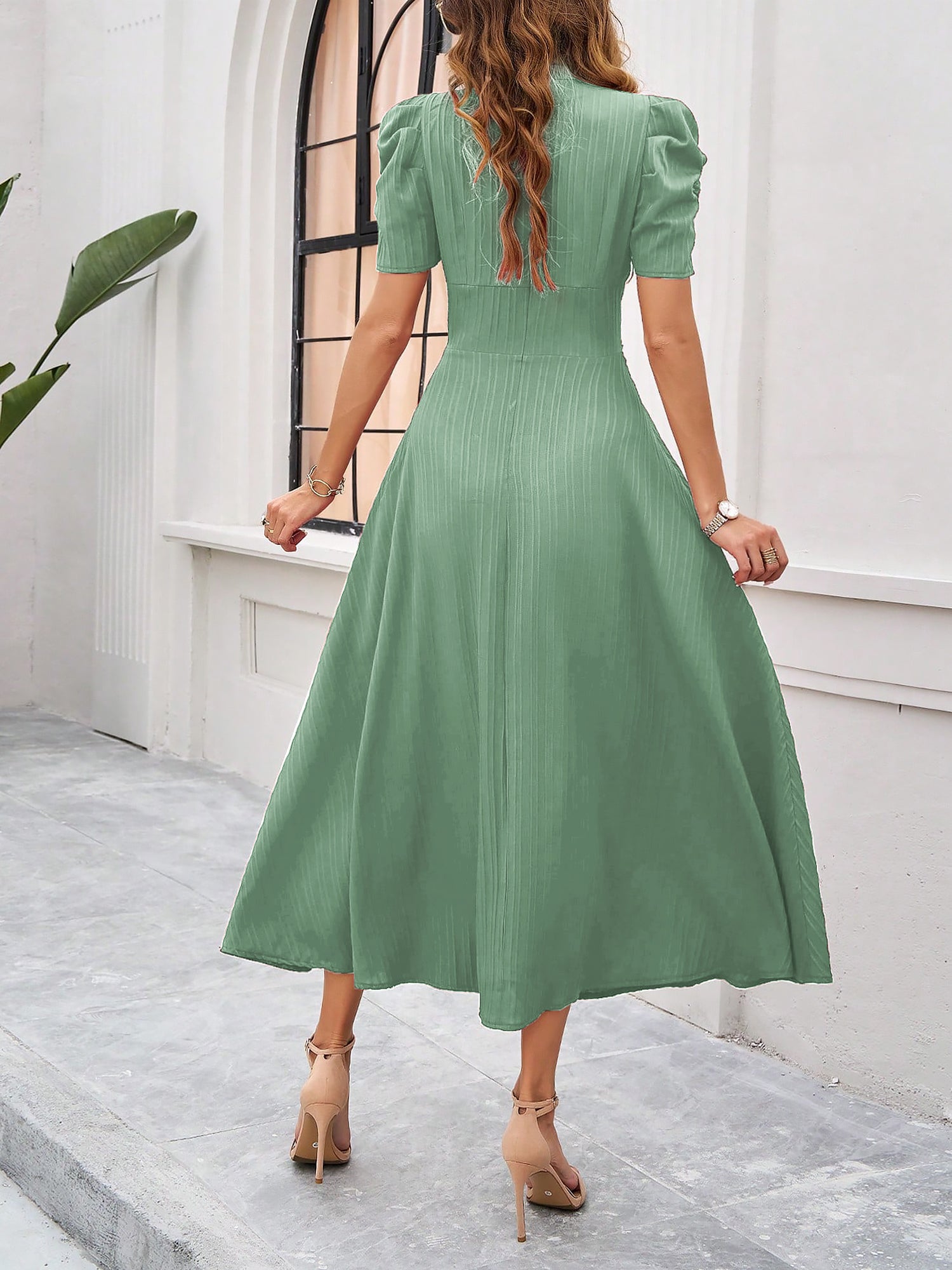 Textured Puff Short Sleeve Ruched Midi A-Line Dress Raised Fabric Cinched Waist and Casual-Chic Design