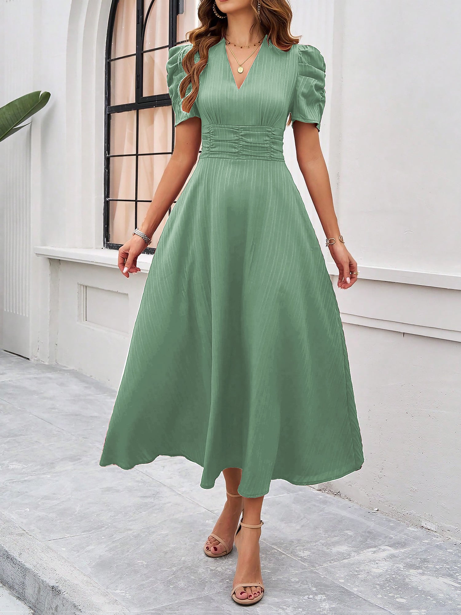 Textured Puff Short Sleeve Ruched Midi A-Line Dress Raised Fabric Cinched Waist and Casual-Chic Design