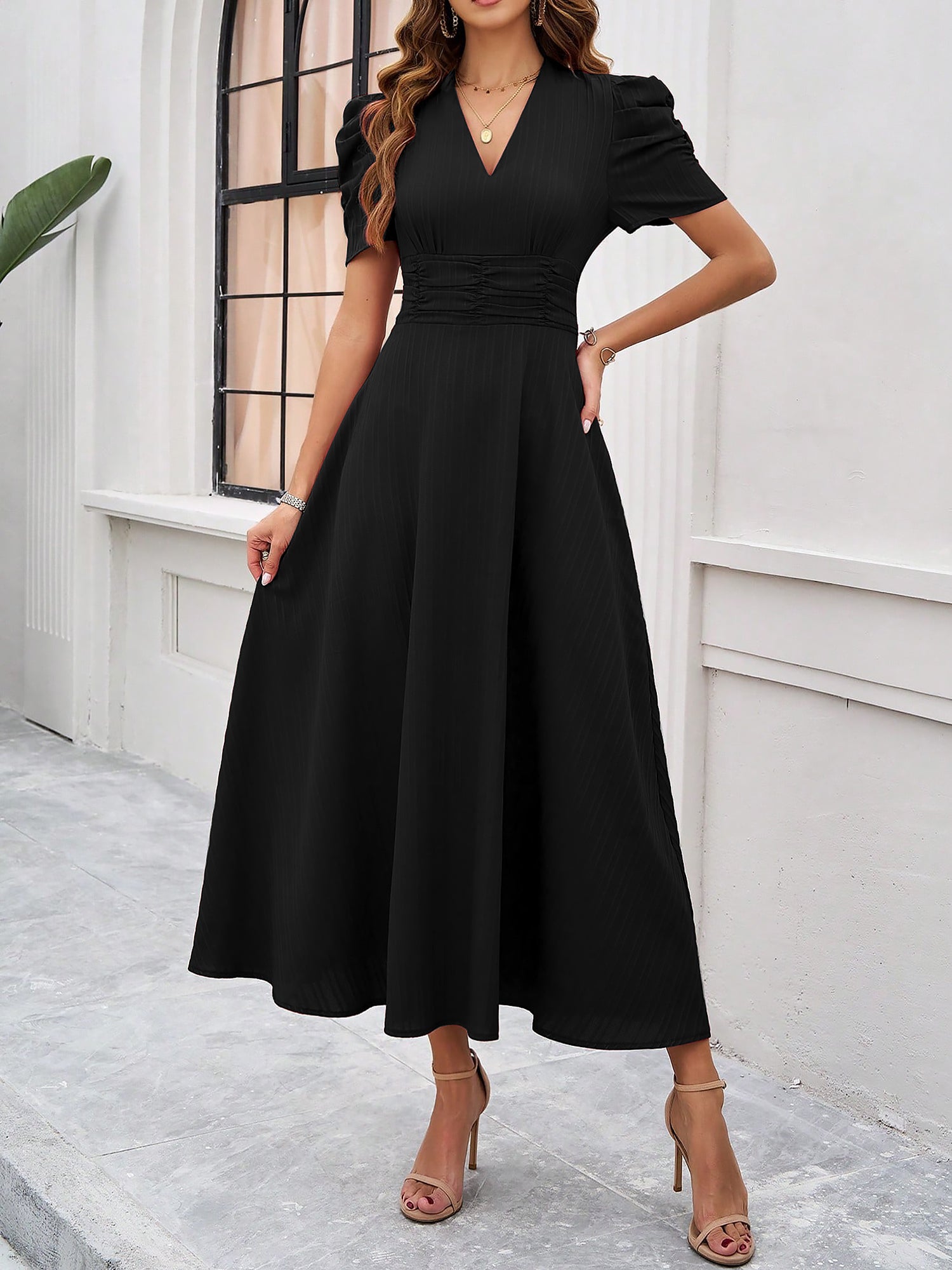 Textured Puff Short Sleeve Ruched Midi A-Line Dress Raised Fabric Cinched Waist and Casual-Chic Design