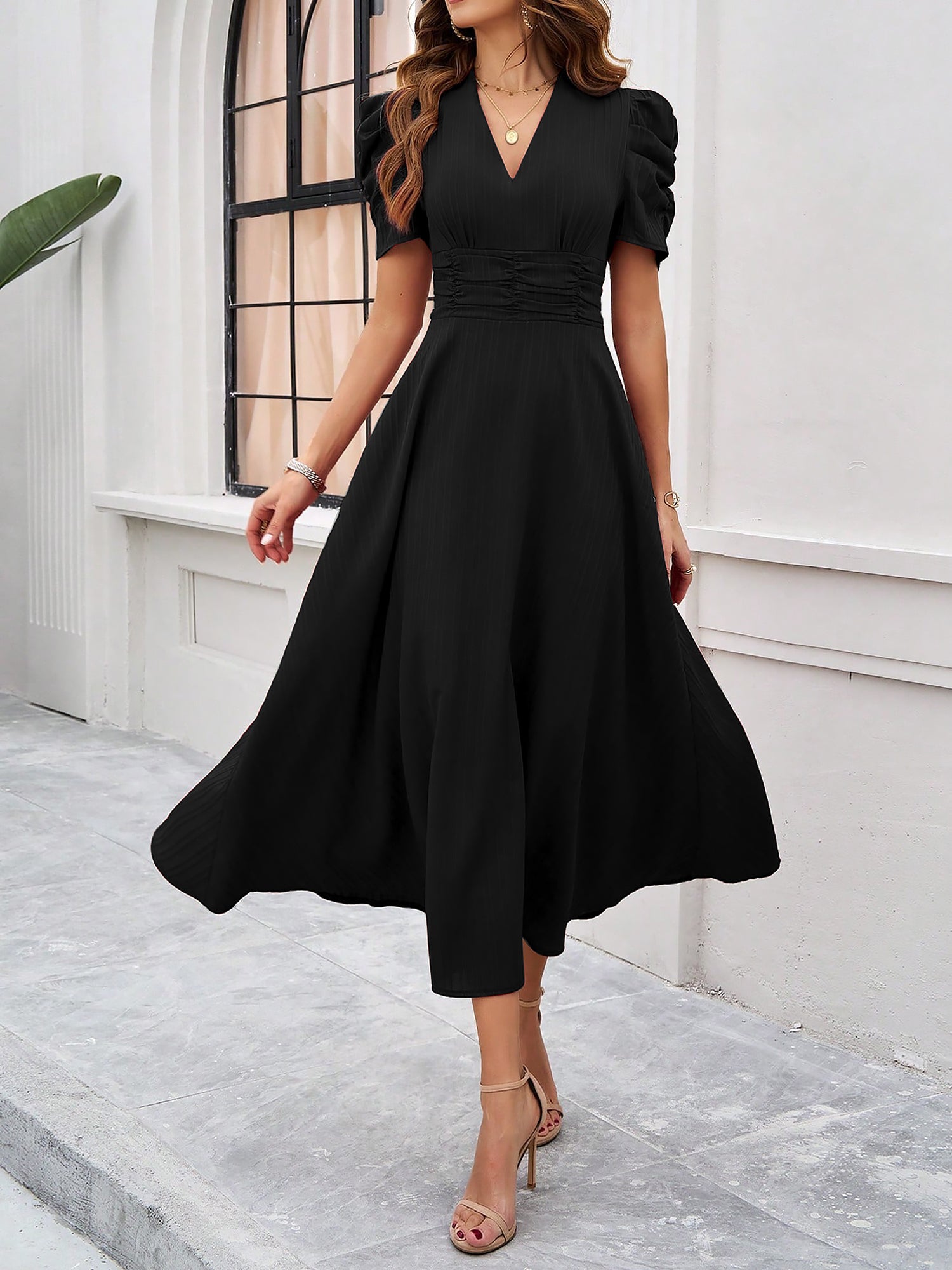 Textured Puff Short Sleeve Ruched Midi A-Line Dress Raised Fabric Cinched Waist and Casual-Chic Design