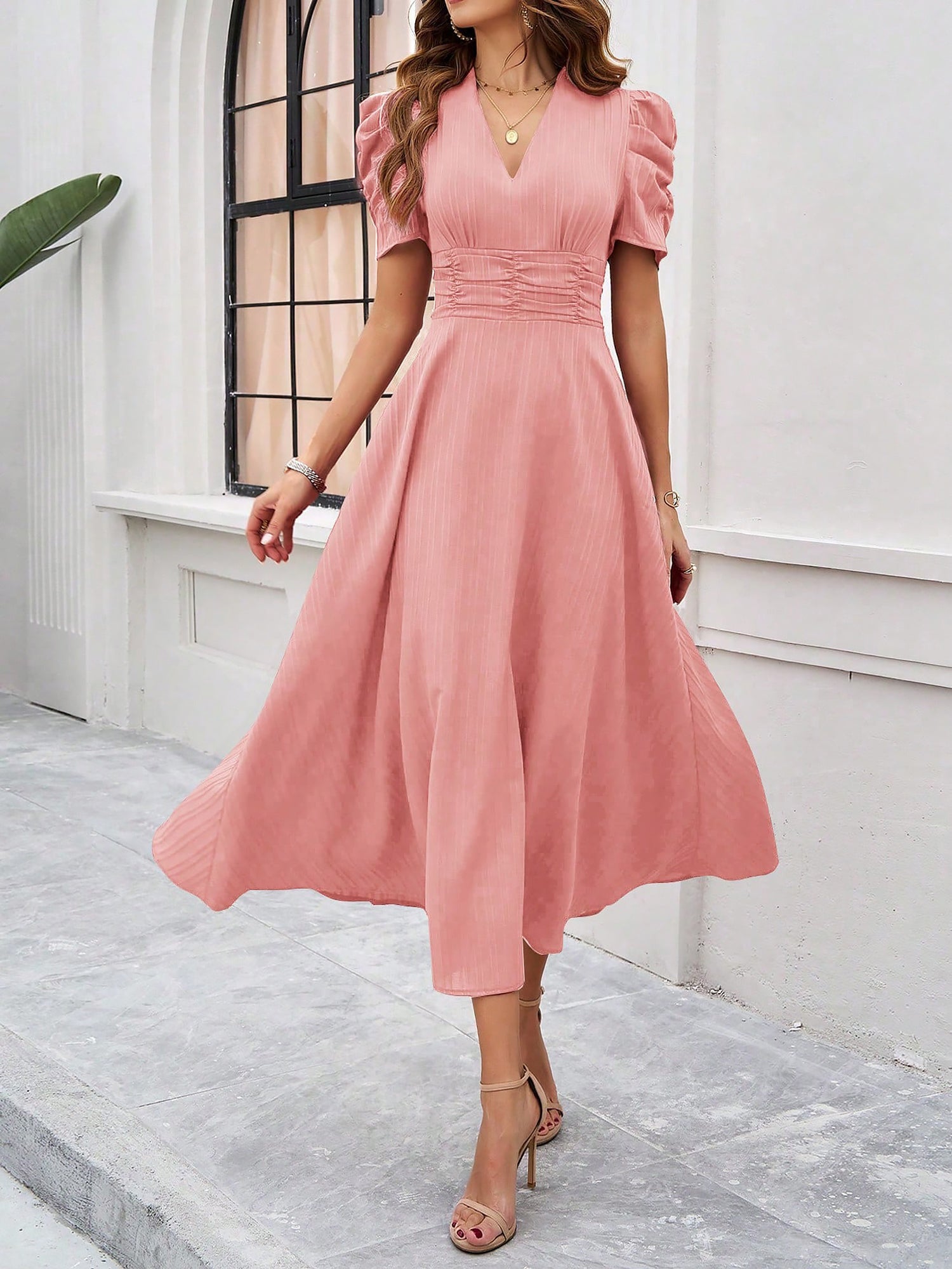 Textured Puff Short Sleeve Ruched Midi A-Line Dress Raised Fabric Cinched Waist and Casual-Chic Design