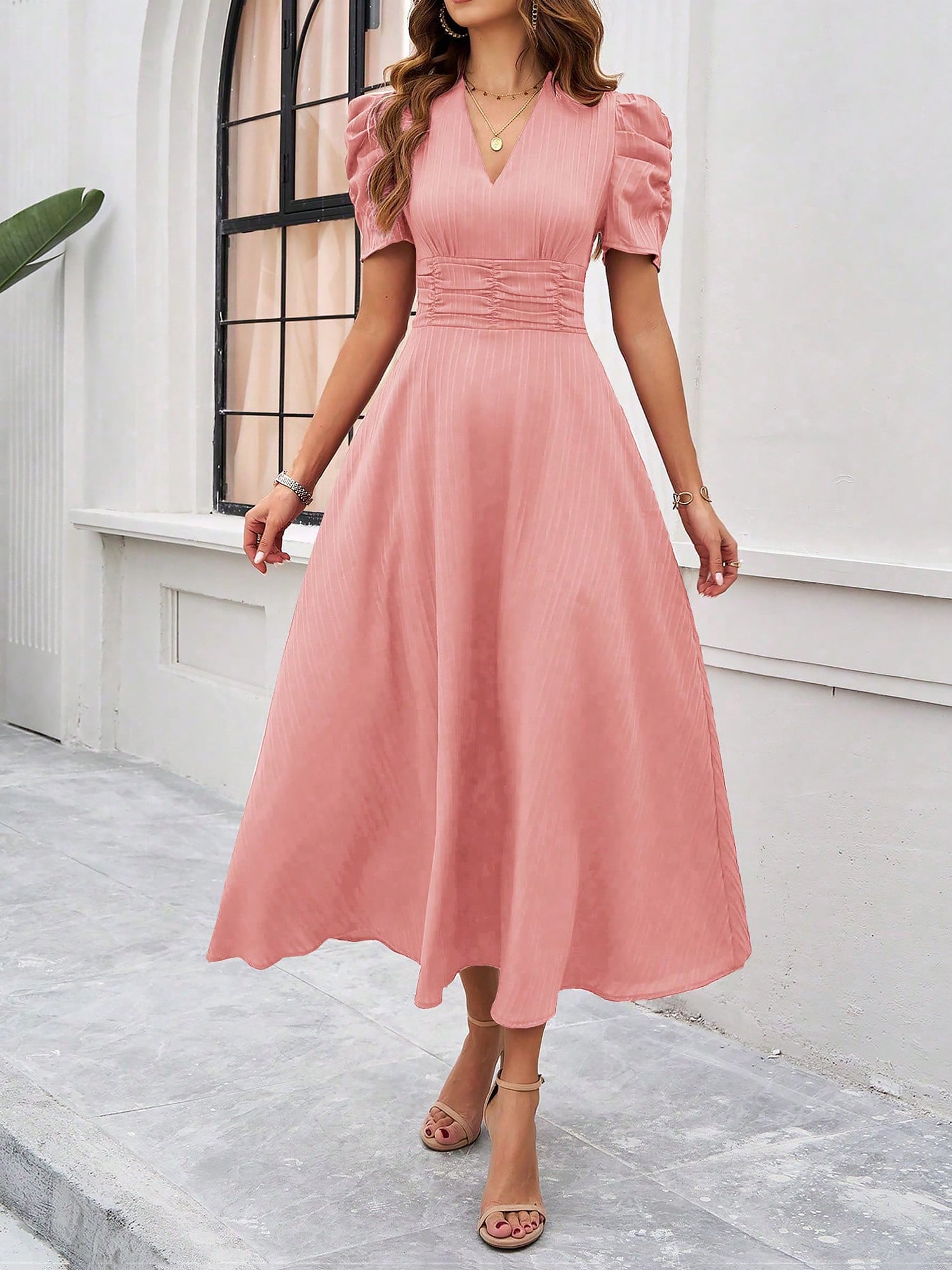 Textured Puff Short Sleeve Ruched Midi A-Line Dress Raised Fabric Cinched Waist and Casual-Chic Design