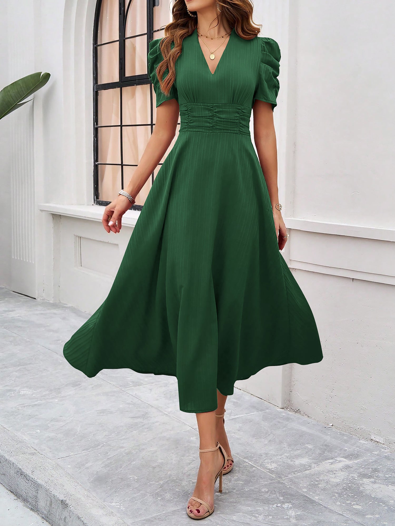 Textured Puff Short Sleeve Ruched Midi A-Line Dress Raised Fabric Cinched Waist and Casual-Chic Design