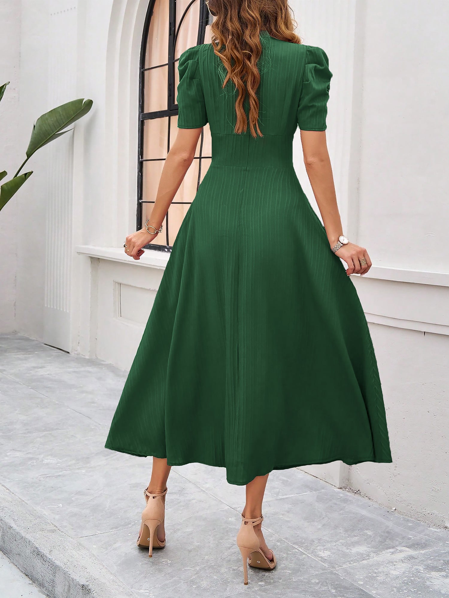 Textured Puff Short Sleeve Ruched Midi A-Line Dress Raised Fabric Cinched Waist and Casual-Chic Design