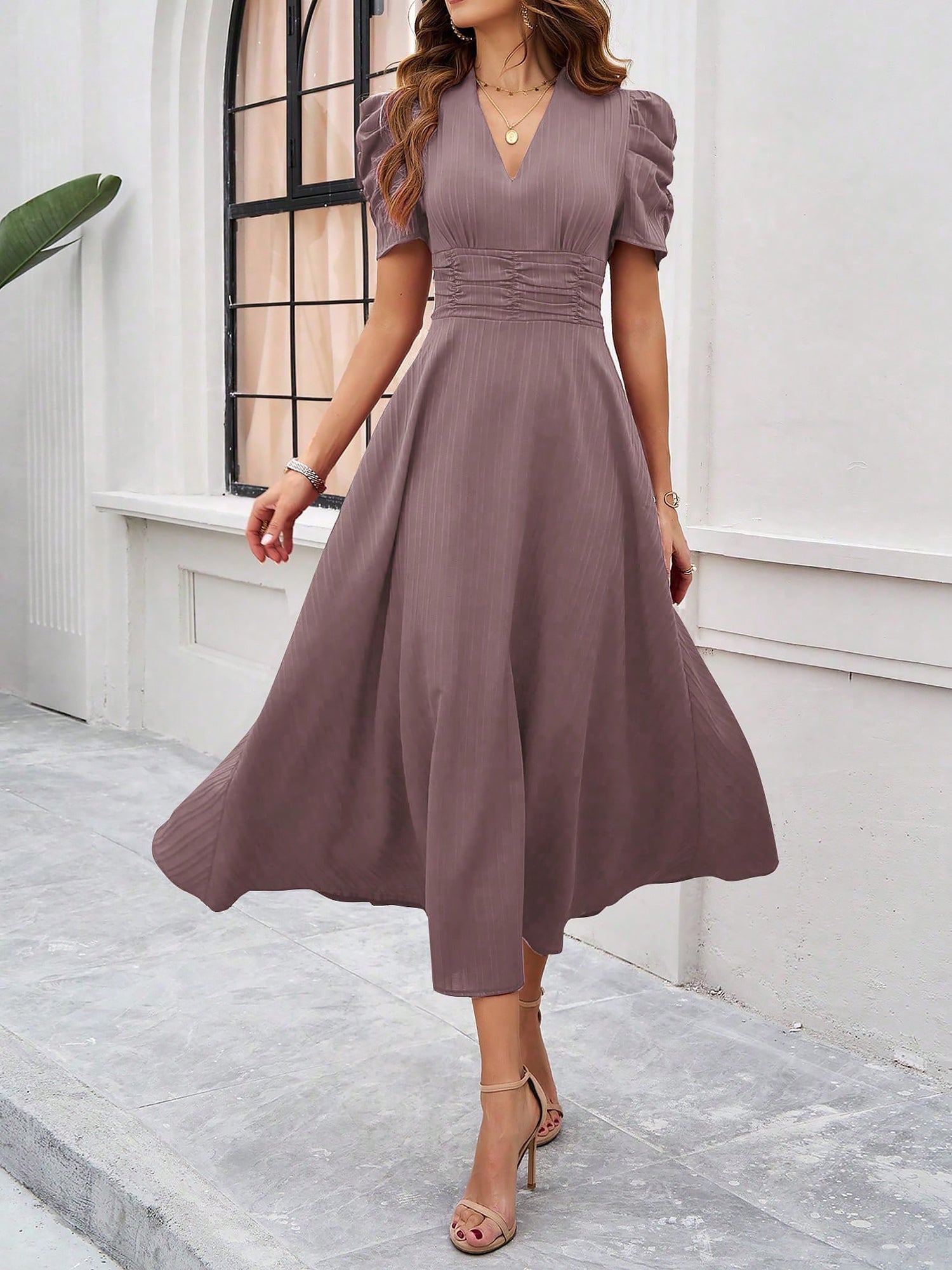 Textured Puff Short Sleeve Ruched Midi A-Line Dress Raised Fabric Cinched Waist and Casual-Chic Design