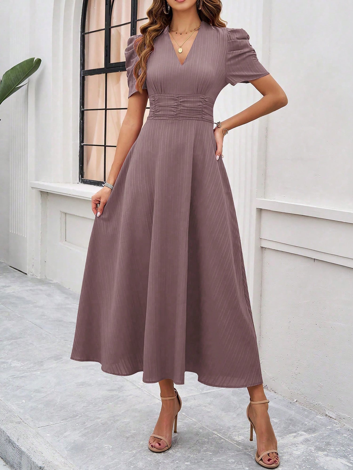 Textured Puff Short Sleeve Ruched Midi A-Line Dress Raised Fabric Cinched Waist and Casual-Chic Design