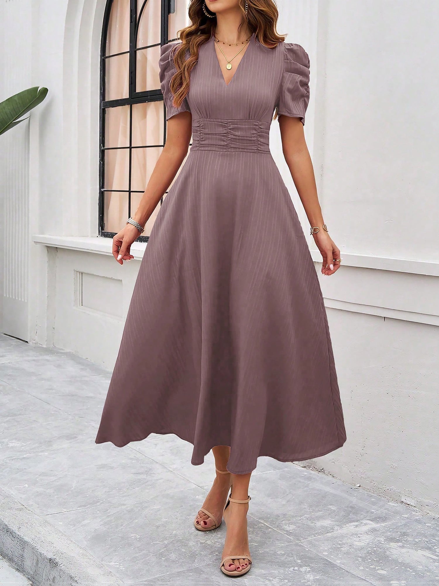 Textured Puff Short Sleeve Ruched Midi A-Line Dress Raised Fabric Cinched Waist and Casual-Chic Design