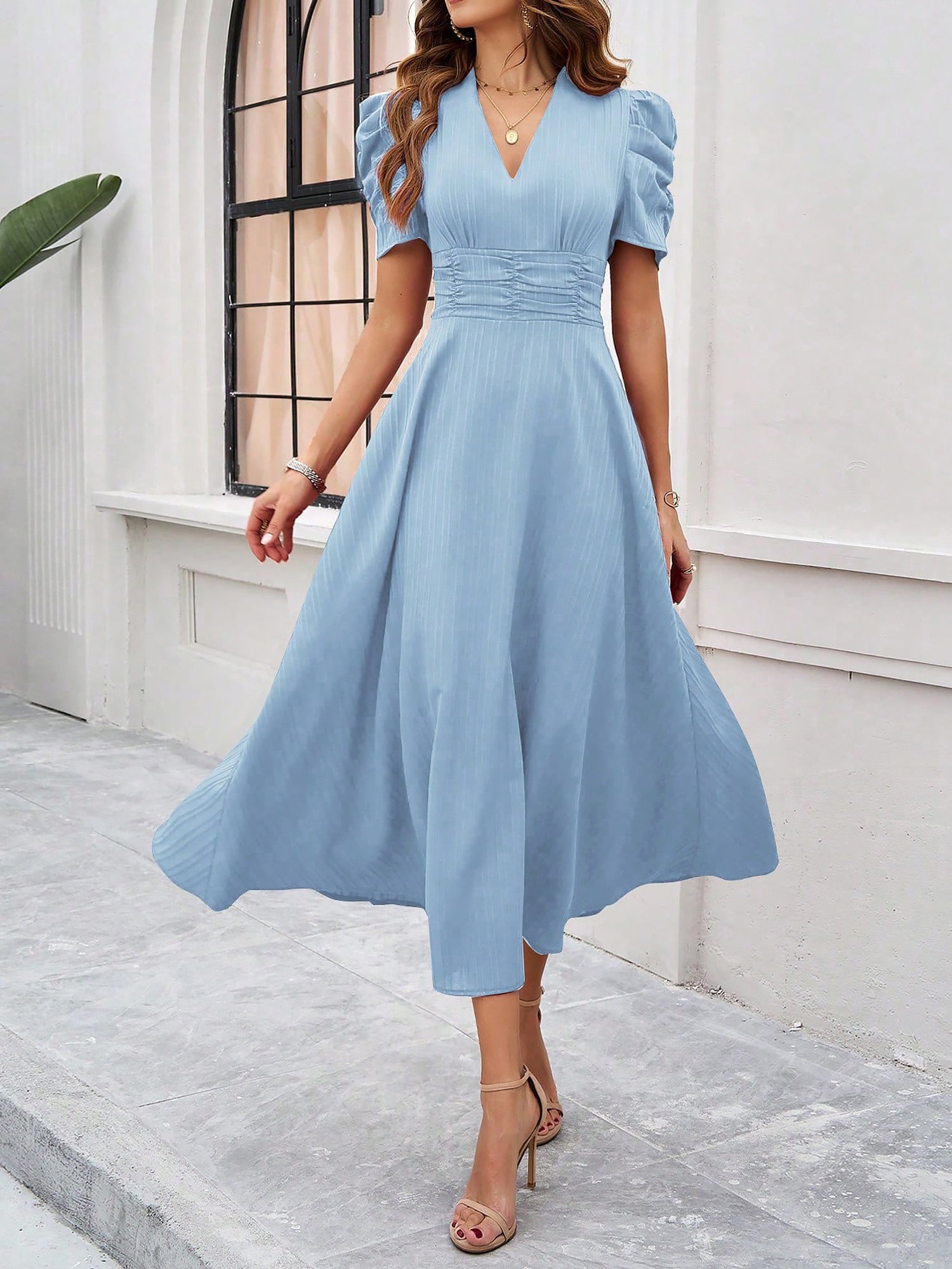 Textured Puff Short Sleeve Ruched Midi A-Line Dress Raised Fabric Cinched Waist and Casual-Chic Design