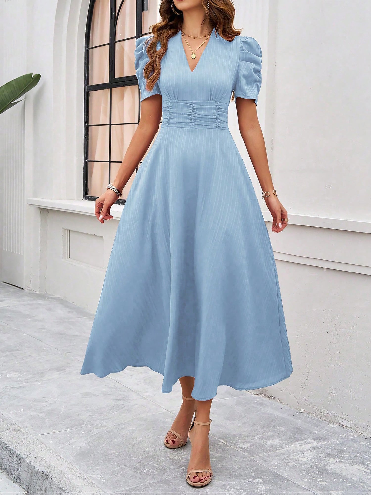 Textured Puff Short Sleeve Ruched Midi A-Line Dress Raised Fabric Cinched Waist and Casual-Chic Design
