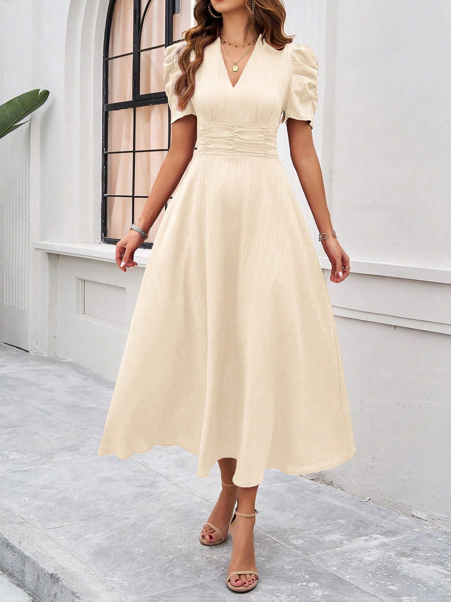 Textured Puff Short Sleeve Ruched Midi A-Line Dress Raised Fabric Cinched Waist and Casual-Chic Design
