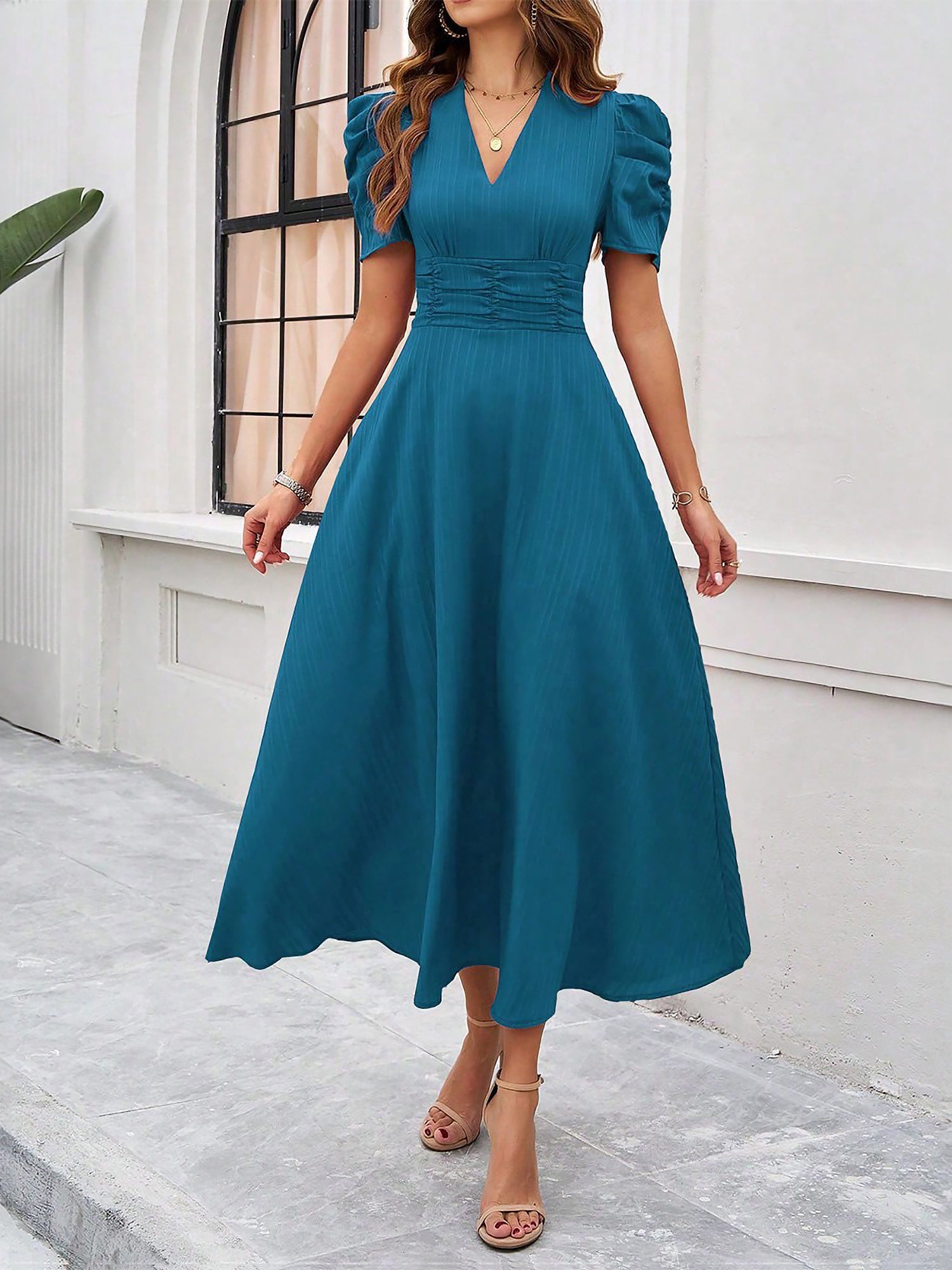 Textured Puff Short Sleeve Ruched Midi A-Line Dress Raised Fabric Cinched Waist and Casual-Chic Design