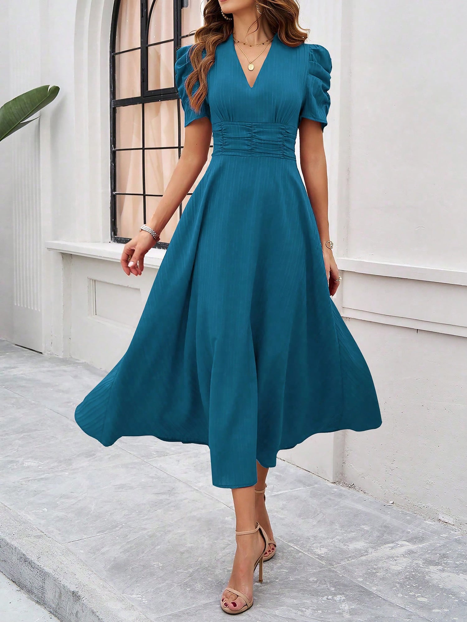 Textured Puff Short Sleeve Ruched Midi A-Line Dress Raised Fabric Cinched Waist and Casual-Chic Design