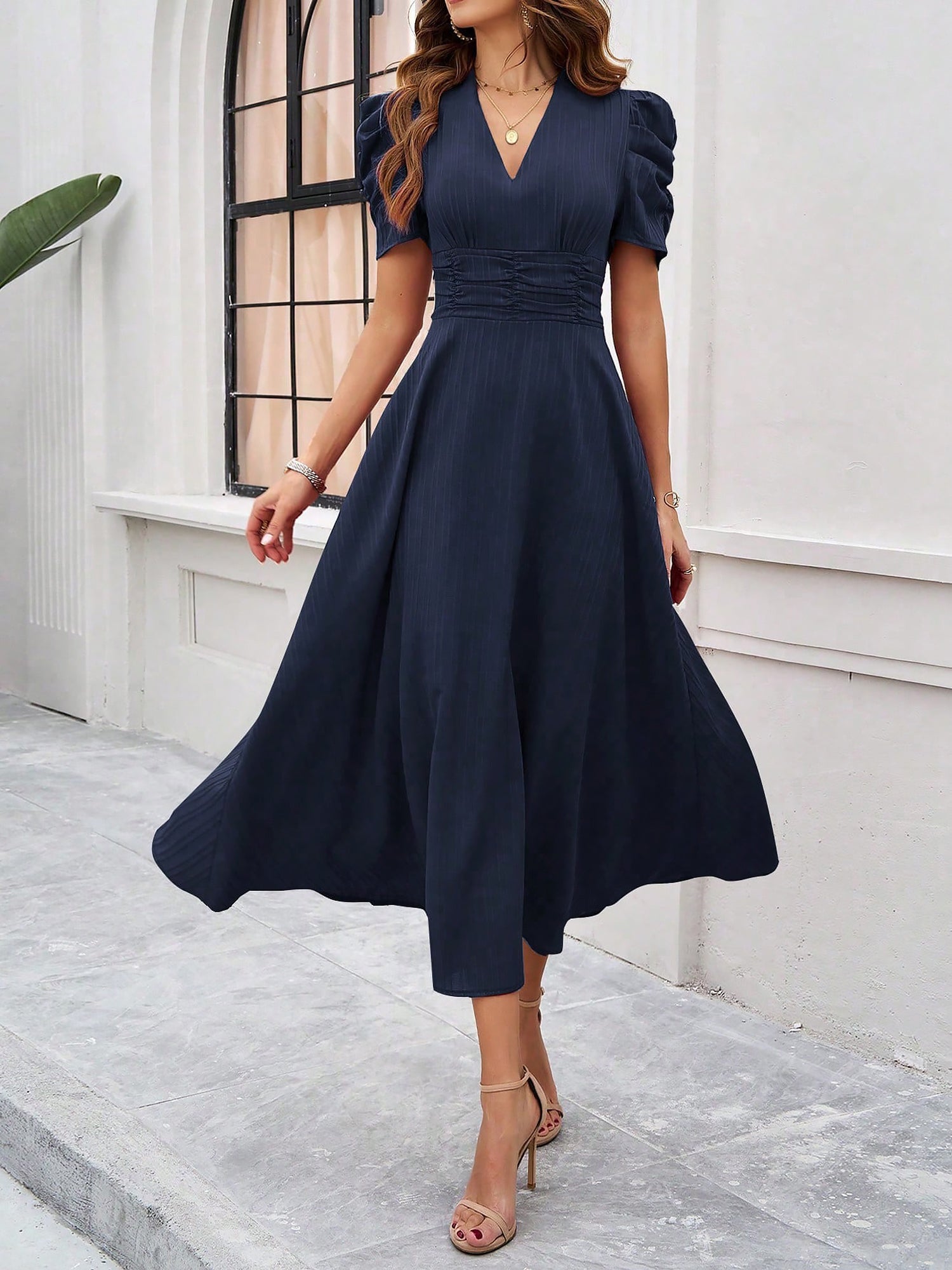 Textured Puff Short Sleeve Ruched Midi A-Line Dress Raised Fabric Cinched Waist and Casual-Chic Design