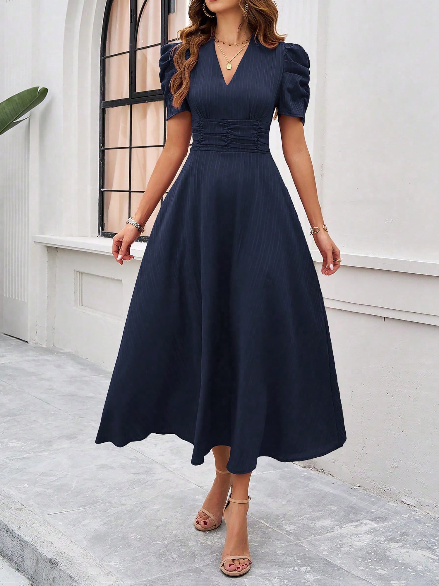 Textured Puff Short Sleeve Ruched Midi A-Line Dress Raised Fabric Cinched Waist and Casual-Chic Design
