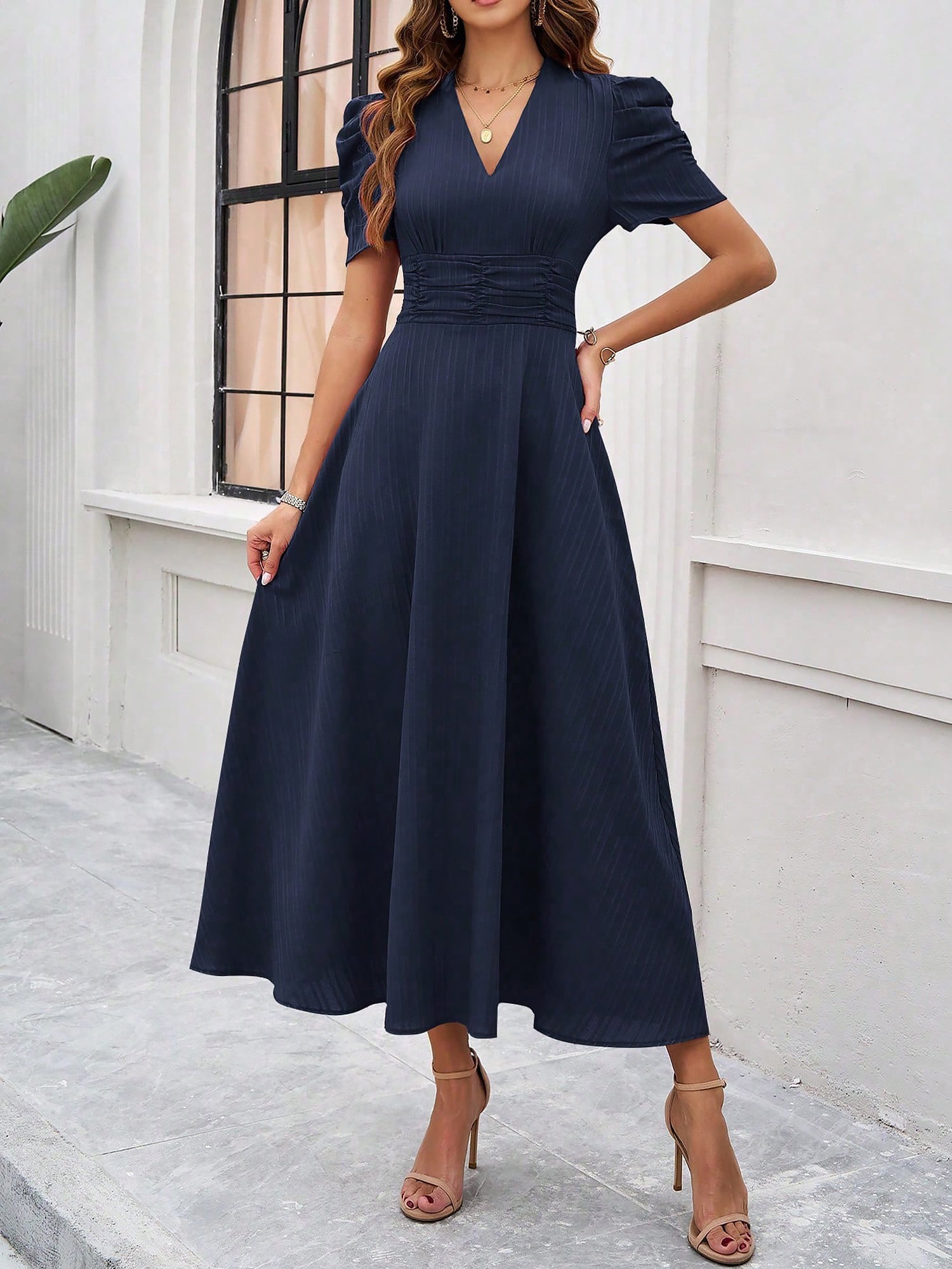 Textured Puff Short Sleeve Ruched Midi A-Line Dress Raised Fabric Cinched Waist and Casual-Chic Design
