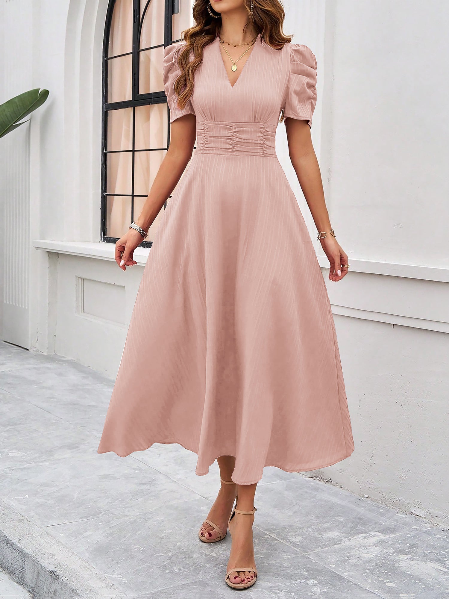 Textured Puff Short Sleeve Ruched Midi A-Line Dress Raised Fabric Cinched Waist and Casual-Chic Design