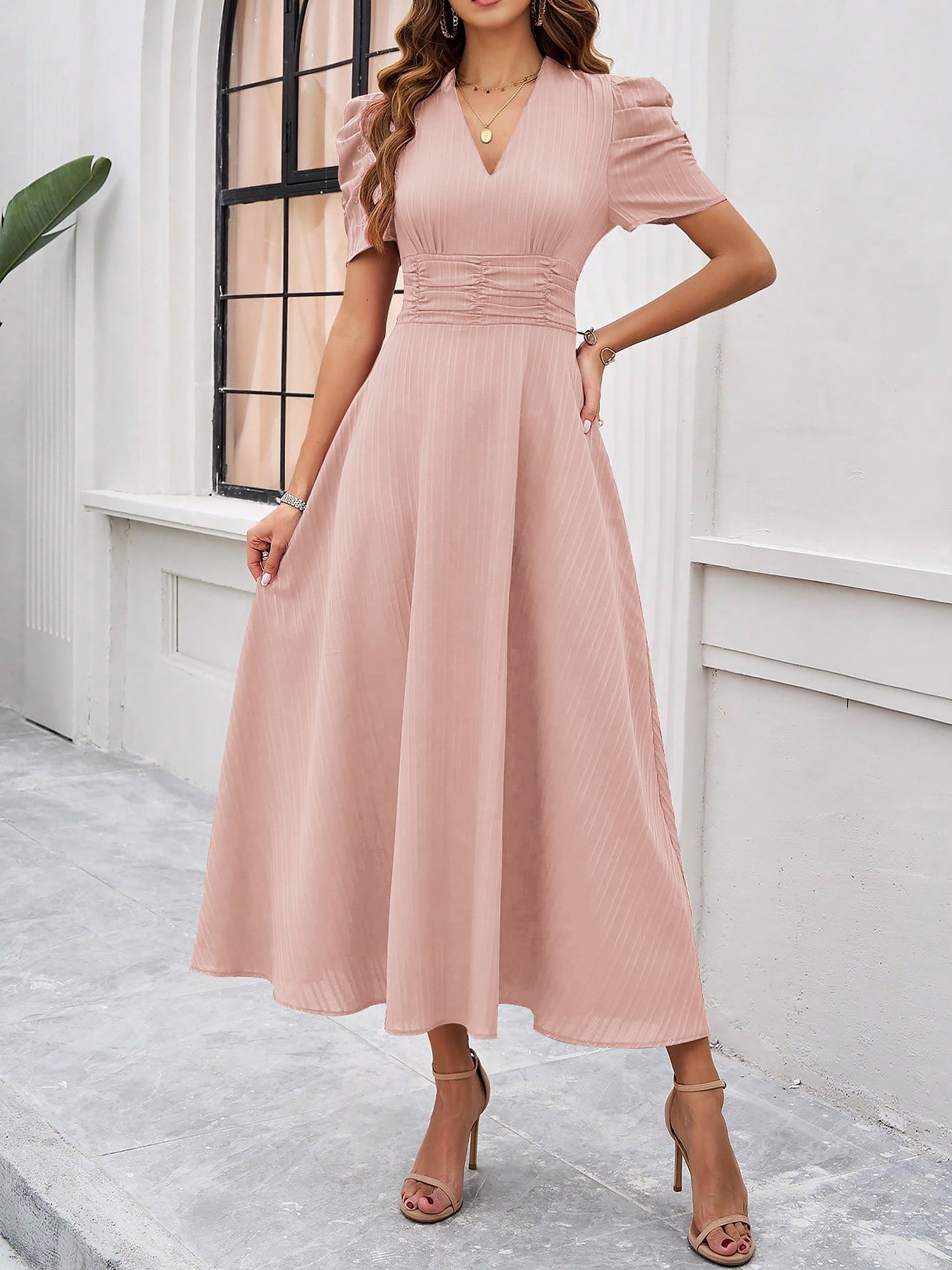 Textured Puff Short Sleeve Ruched Midi A-Line Dress Raised Fabric Cinched Waist and Casual-Chic Design