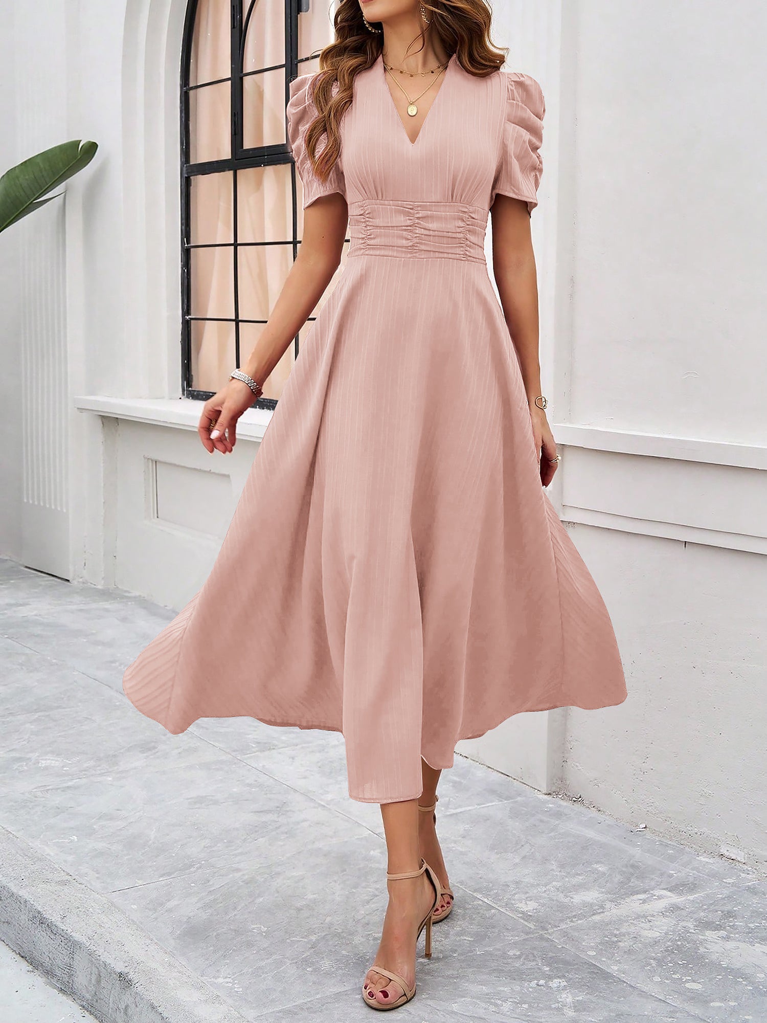 Textured Puff Short Sleeve Ruched Midi A-Line Dress Raised Fabric Cinched Waist and Casual-Chic Design