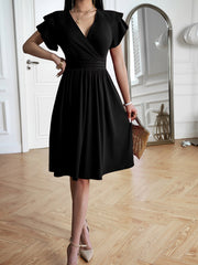 Breathable Cotton Blend Solid Color V Neck Ruffled Sleeve Midi Date Nights & Garden Parties Dress