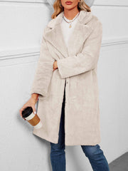 Faux Fur Notched Lapel Long Sleeves Mid-Length Coat