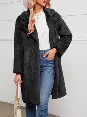 Faux Fur Notched Lapel Long Sleeves Mid-Length Coat