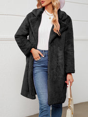 Faux Fur Notched Lapel Long Sleeves Mid-Length Coat