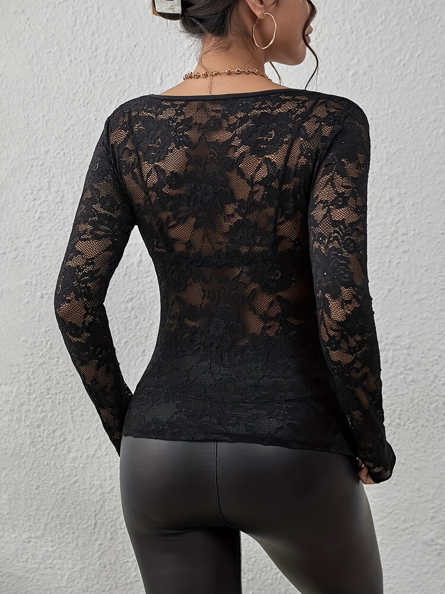 Premium Embroidered Lace Sheer Solid Color Long Sleeves Party Blouse with Elegant Back Detail