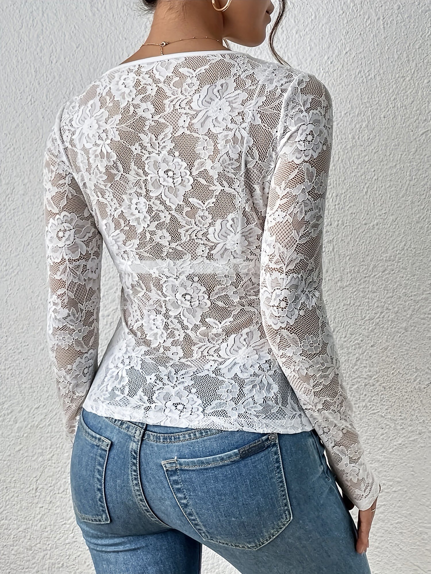 Premium Embroidered Lace Sheer Solid Color Long Sleeves Party Blouse with Elegant Back Detail