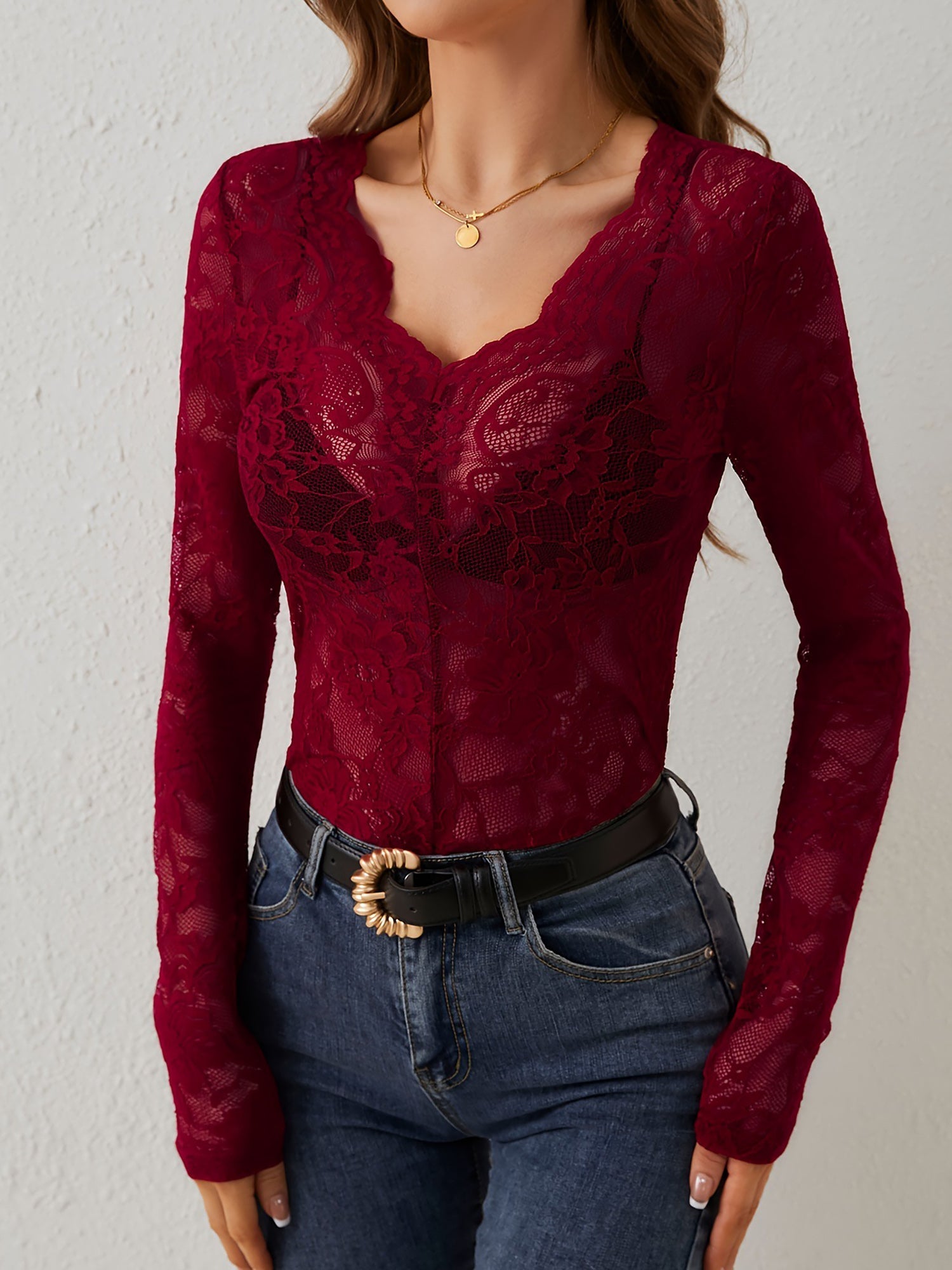 Premium Embroidered Lace Sheer Solid Color Long Sleeves Party Blouse with Elegant Back Detail