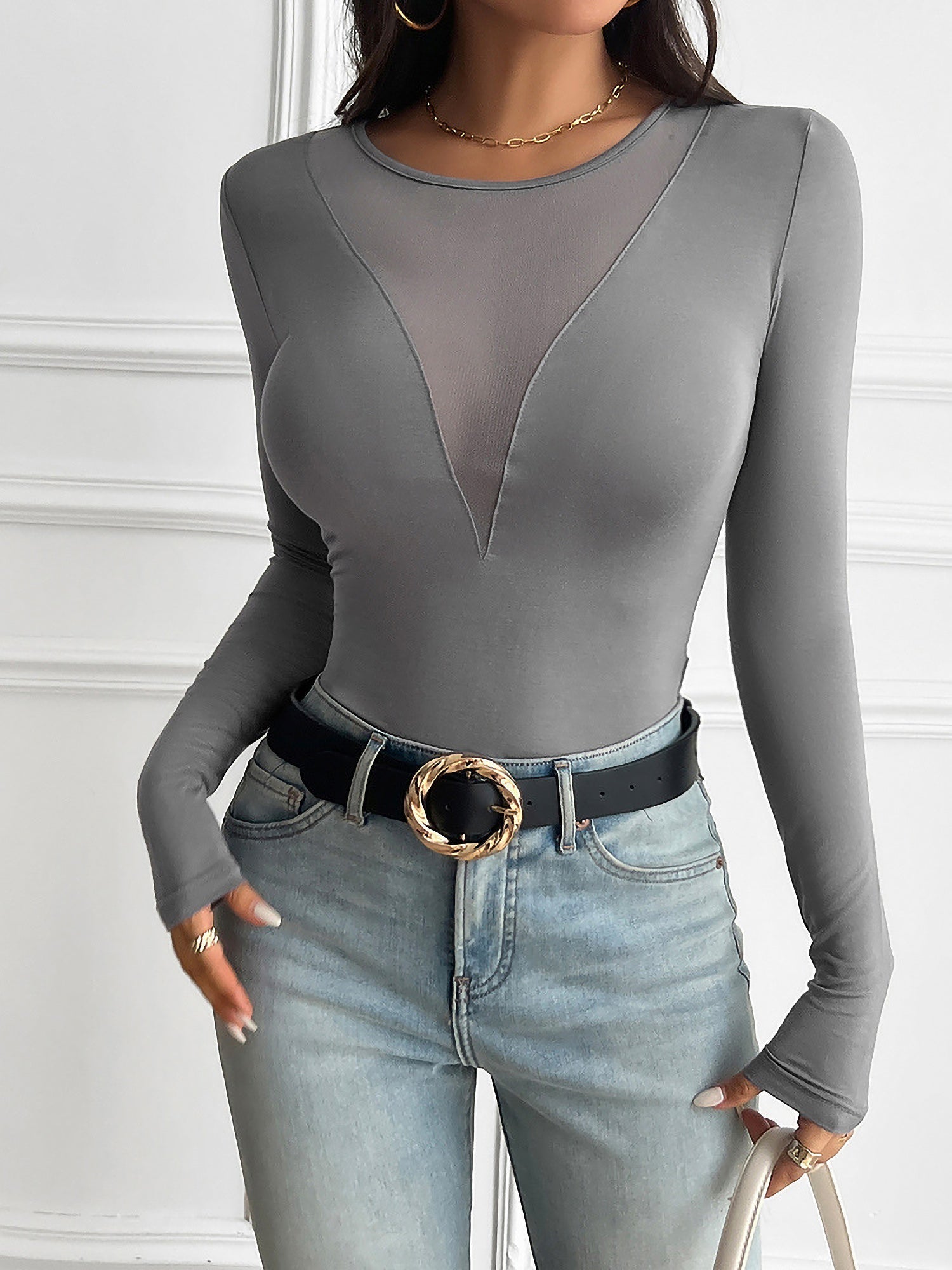 Breathable Nylon Round Neck Mesh Sheer Long Sleeves Blouse