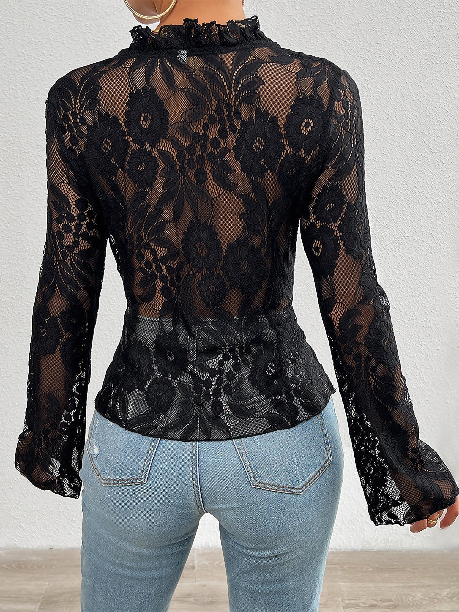 Elegant Ruffled Floral Lace Sheer Long Sleeves Lace-Up Bow Transparent Mesh Blouse