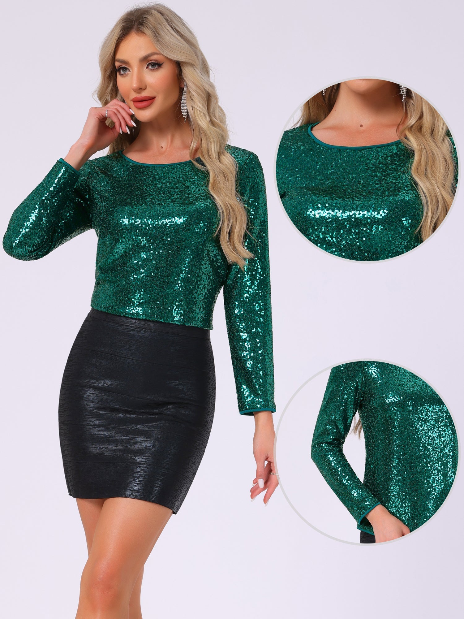 Sequin Glitter Round Neck Long Sleeve Party Blouse Tops