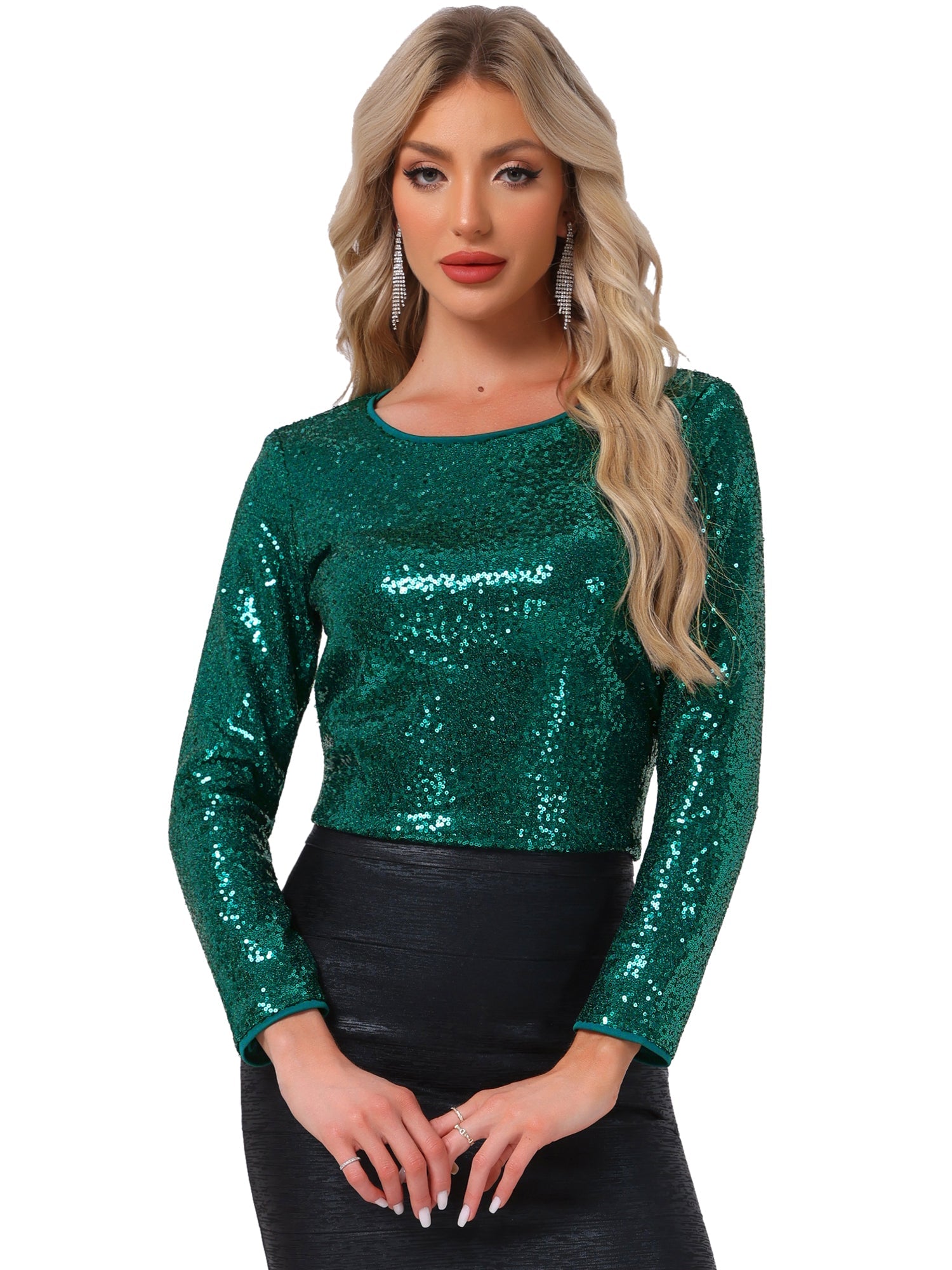 Sequin Glitter Round Neck Long Sleeve Party Blouse Tops