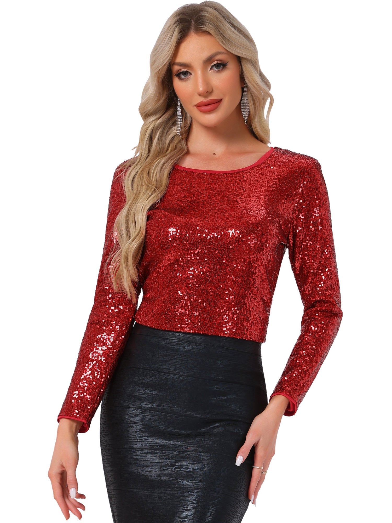Sequin Glitter Round Neck Long Sleeve Party Blouse Tops