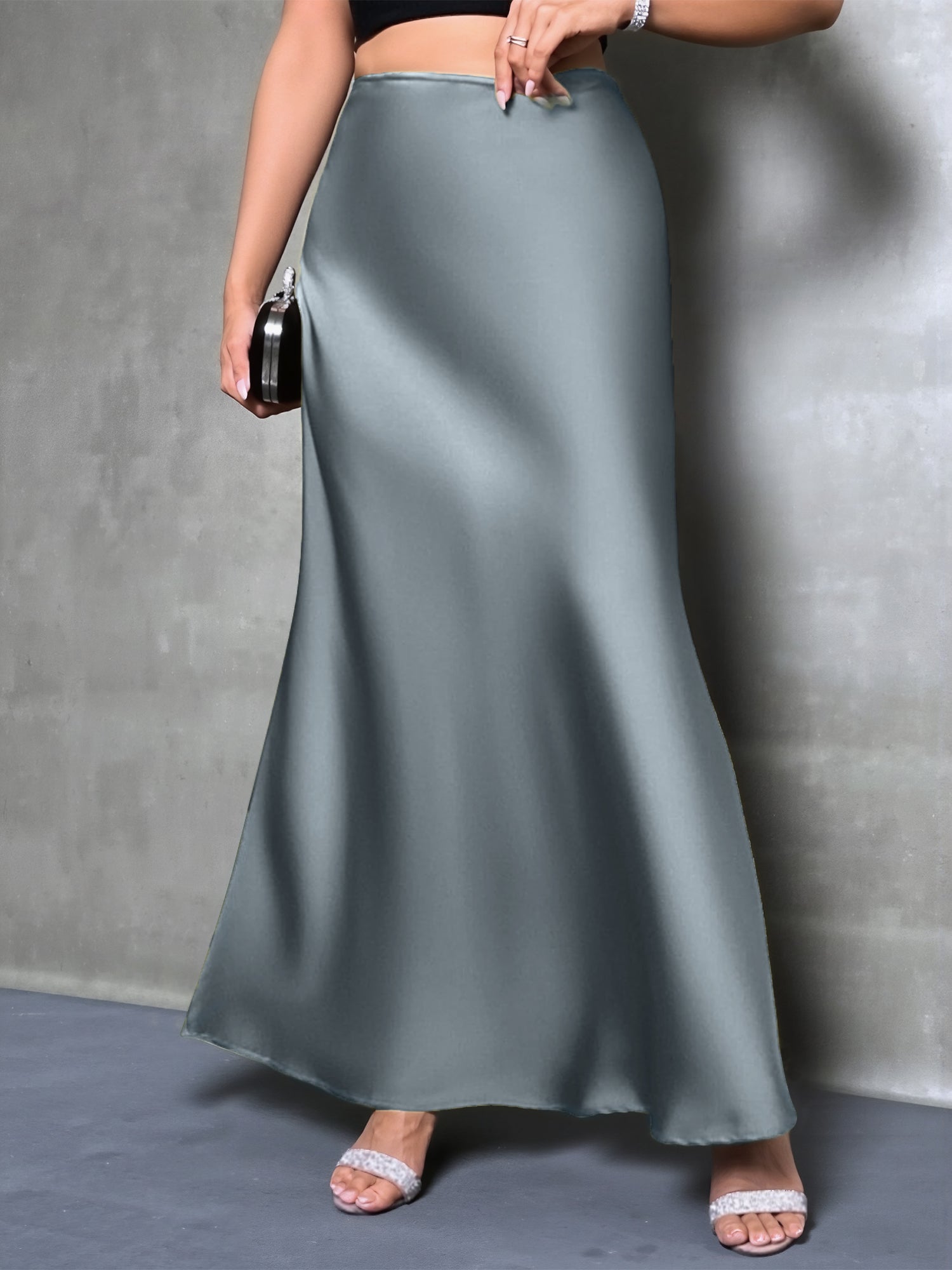 High-Waisted Flared Hem Satin Solid Color Fishtail Elegant Maxi Skirt for Women