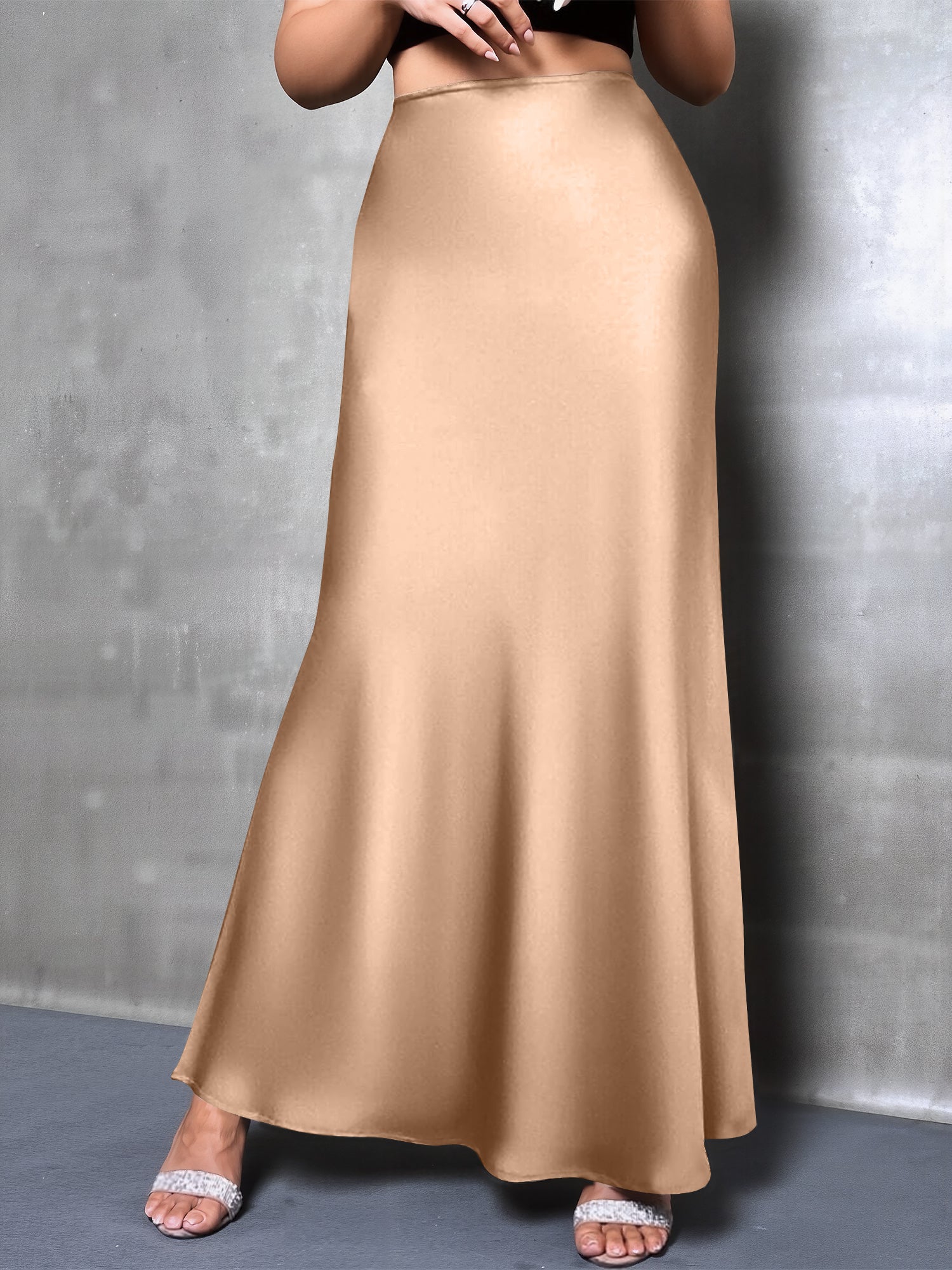 High-Waisted Flared Hem Satin Solid Color Fishtail Elegant Maxi Skirt for Women