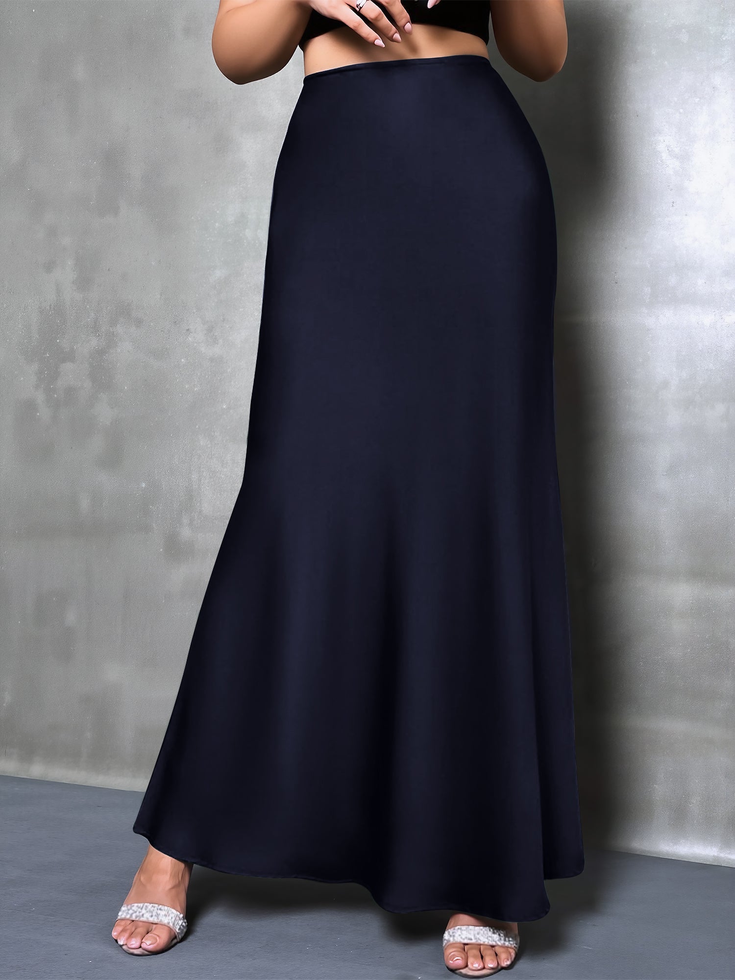 High-Waisted Flared Hem Satin Solid Color Fishtail Elegant Maxi Skirt for Women