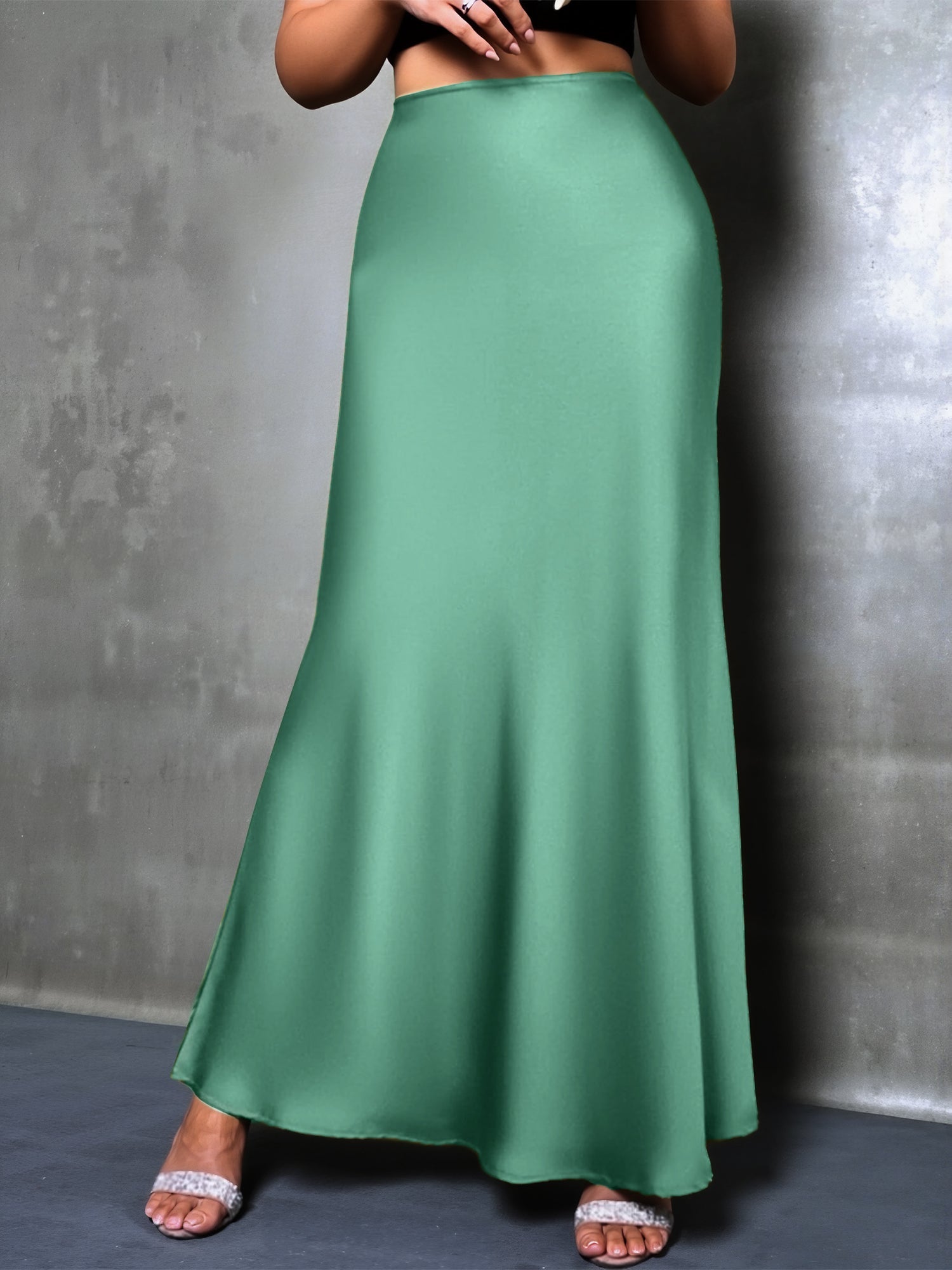 High-Waisted Flared Hem Satin Solid Color Fishtail Elegant Maxi Skirt for Women