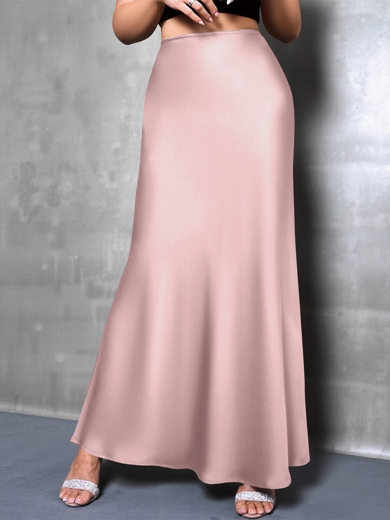 High-Waisted Flared Hem Satin Solid Color Fishtail Elegant Maxi Skirt for Women