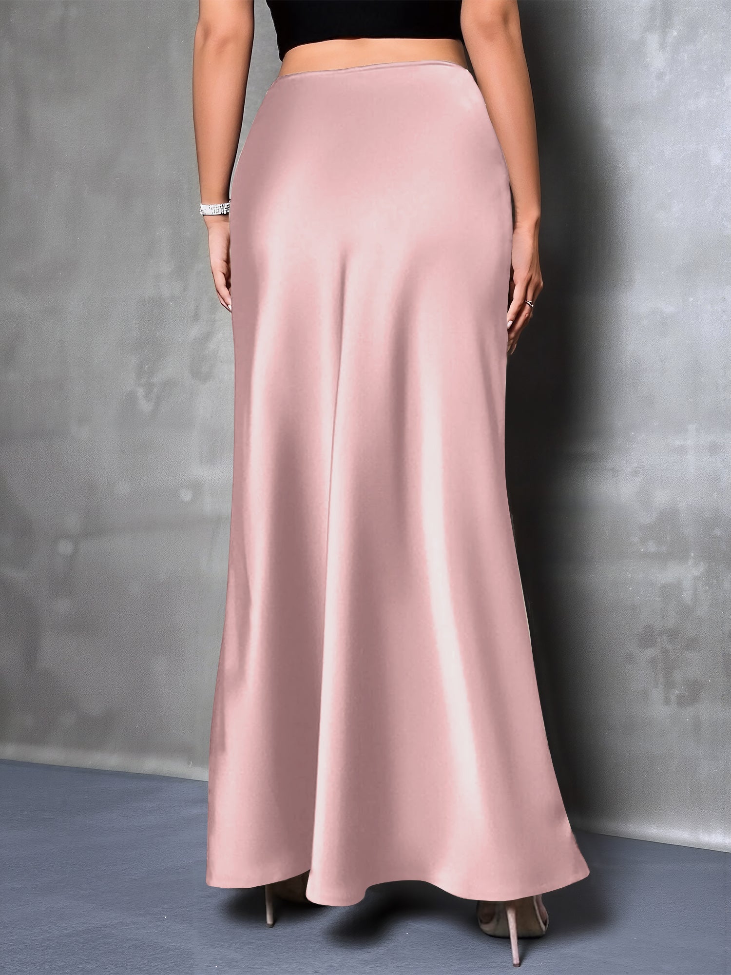 High-Waisted Flared Hem Satin Solid Color Fishtail Elegant Maxi Skirt for Women