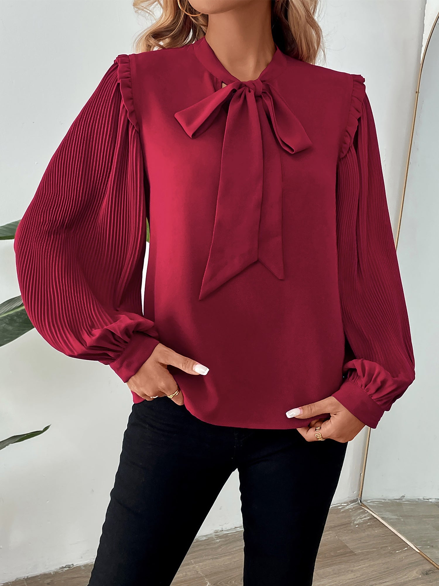 Pleated Long Sleeves Bow Tie Solid Color Blouse