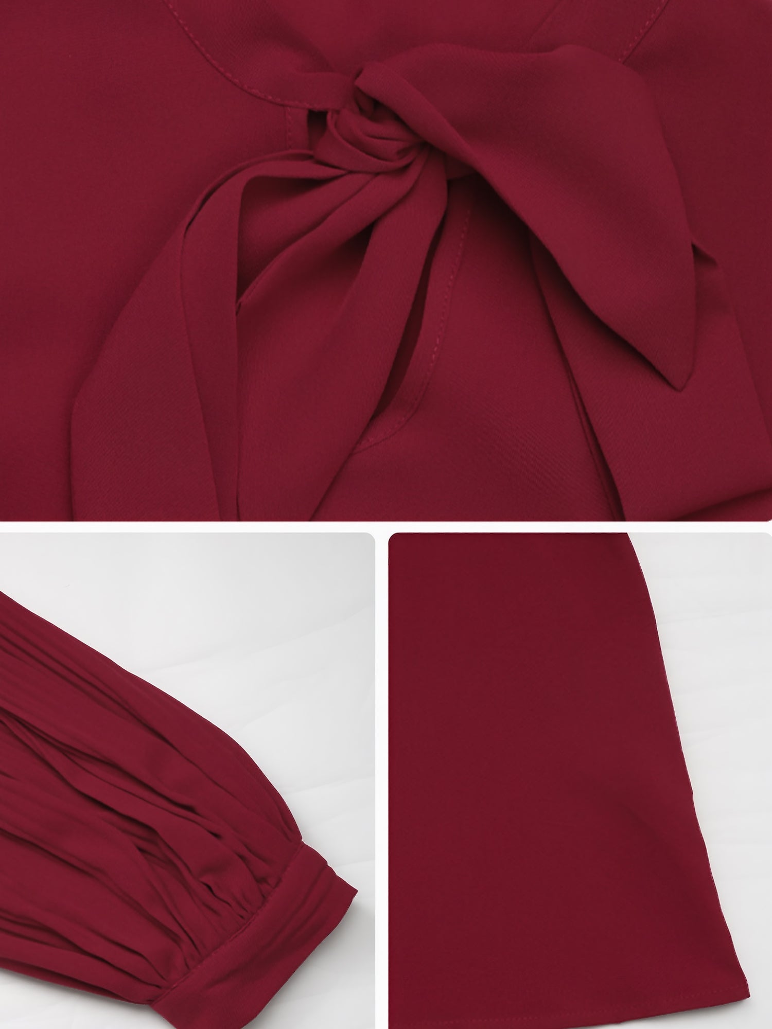 Pleated Long Sleeves Bow Tie Solid Color Blouse