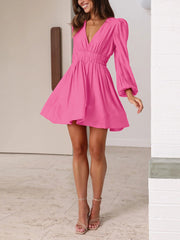 V Neck Puff Long Sleeves Ruched Mini Dress