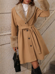 Faux Fur Patchwork Belted A-Line Pea Coat